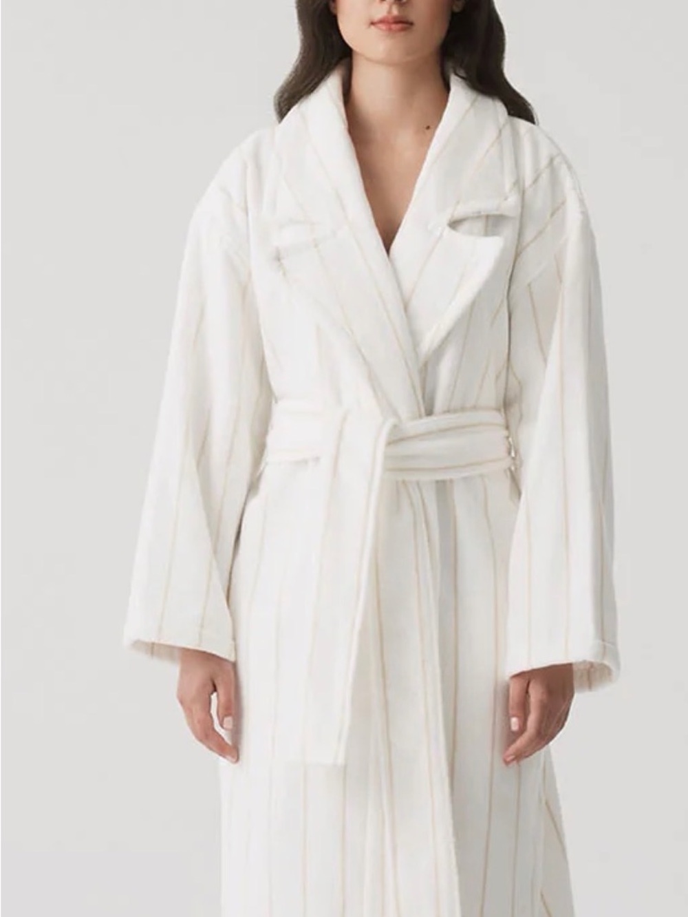 Plush Cream Stripe Spa Robe with Belt - shade Biscuit